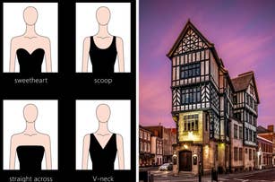 Diagram of four dress necklines labeled sweetheart, scoop, straight across, and V-neck. Next to it is a Tudor-style building at dusk