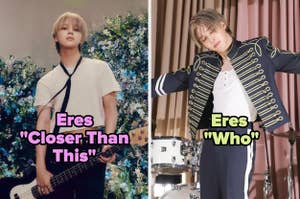 Park Jimin sosteniendo un bajo a la izquierda, y posando con chaqueta militar a la derecha. Texto: "Eres 'Closer Than This'" y "Eres 'Who'"