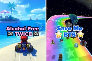 Imagen dividida: a la izquierda, Mario Kart en una pista de playa con texto "Alcohol Free ?? TWICE"; a la derecha, pista arcoíris con texto "Save Me ⭐ BTS ⭐"