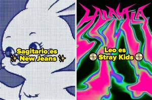 Imagen dividida en dos secciones: una ilustración de un conejo con las palabras "Sagitario es New Jeans" y una imagen psicodélica con las palabras "Leo es Stray Kids"