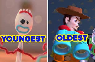 Forky from Toy Story 4 labeled "Youngest" on the left, and Woody from Toy Story labeled "Oldest" on the right