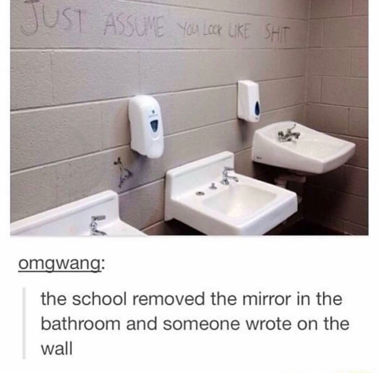 A bathroom with sinks and soap dispensers on the wall. Above the sinks, graffiti reads &quot;Just assume you look like shit.&quot; Below, a comment says &quot;the school removed the mirror in the bathroom and someone wrote on the wall.&quot;