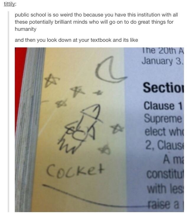 Meme text: &quot;public school is so weird tho because you have this institution with all these potentially brilliant minds,&quot; next to a childish drawing of a rocket