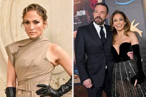 Jennifer Lopez in a beige dress with black gloves. Jennifer Lopez and Ben Affleck on the red carpet; Jennifer in a black gown with silver accents, and Ben in a suit