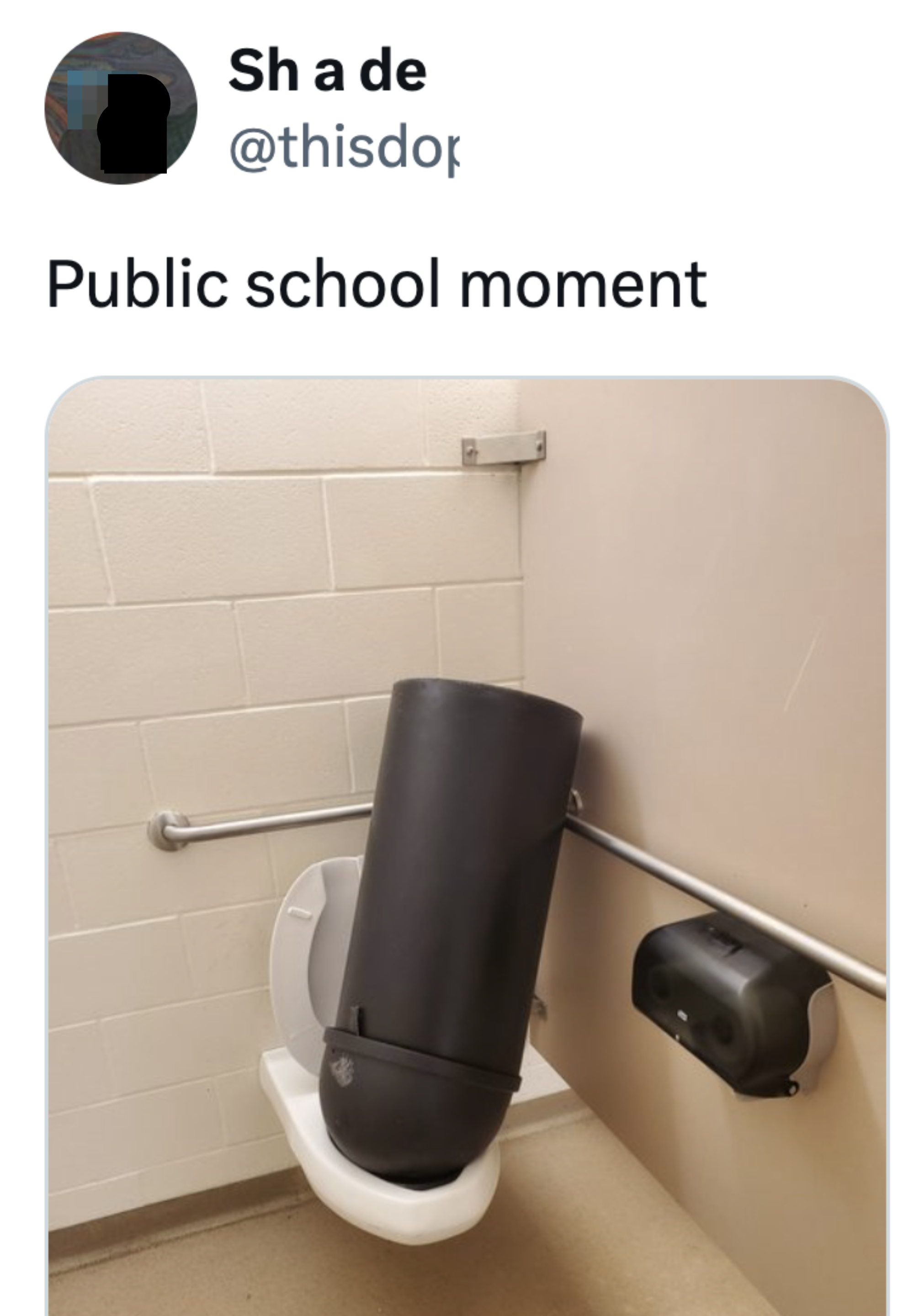 A disabled toilet with a large trash canister tipped over onto the toilet seat. Text above image: &quot;Sh a de @thisdop Follow Public school moment.&quot;