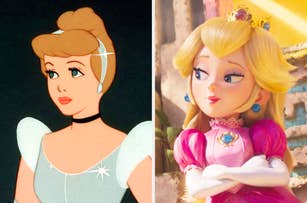 Cinderella wearing a light blue dress with a black choker stands next to Princess Peach, who wears a pink dress and a crown
