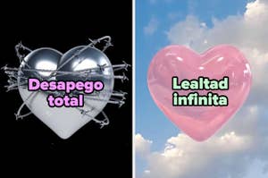 Imagen dividida en dos. Izquierda: Corazón metálico envuelto en alambre de púas con el texto "Desapego total". Derecha: Corazón inflable flotando con el texto "Lealtad infinita"