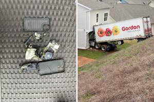 Composite image: Left, a finger stuck in a jagged metal piece; text reads "I'm stuck." Right, truck partially crashed into a house; text reads "I made a big mistake."