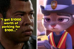 Jordan Peele looking worried, next to Judy Hopps from Zootopia in a parking enforcement uniform, alongside the caption "I got $1000 worth of parking for $100..."