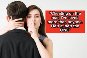 Woman in formal attire with a man, holding a finger to her lips. Text overlay says: "Cheating on the man I’ve loved more than anyone. He's it, he’s the ONE."