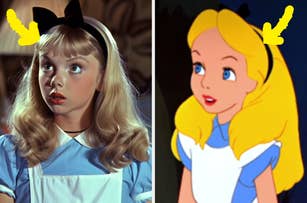 Side-by-side image of Kathryn Beaumont and her animated character, Alice from "Alice in Wonderland", both with similar hairstyles and headbands