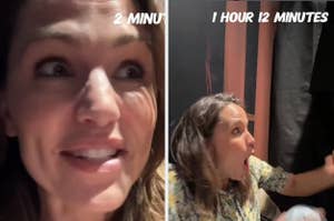Woman with animated facial expressions in close-up, time-stamped "2 minutes" and "1 hour 12 minutes," likely showing a reaction over time
