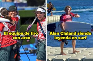 A la izquierda, el equipo de tiro con arco sonríe y se abraza. A la derecha, Alan Cleland posa con su tabla de surf junto al mar