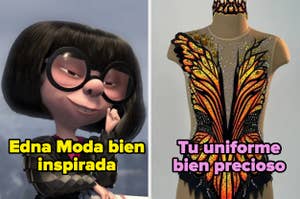 Edna Moda, un personaje de "Los Increíbles," sonriendo junto a un traje inspirado en una mariposa con la frase "Tu uniforme bien precioso."