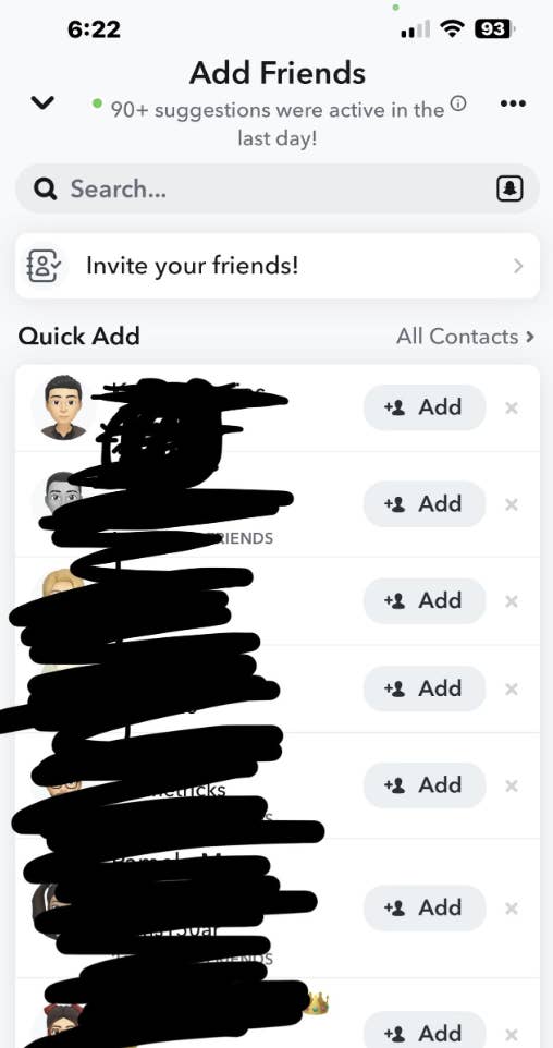 A screenshot of a Snapchat Add Friends page showing a list of suggested contacts to add as friends. Some contacts and details are blacked out