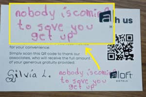 A handwritten note reads, "nobody is coming to save you get up." The note is signed "Silvia L." and is on an Aloft Hotels card with a QR code and the hotel details