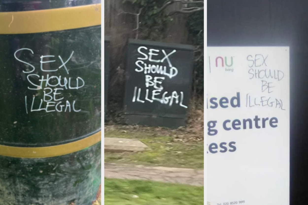Three images show areas with graffiti saying &quot;SEX SHOULD BE ILLEGAL&quot; on a trash can, an electrical box, and a sign for a recycling center