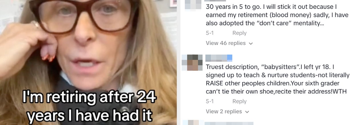 A woman, identified as a teacher, announces her retirement after 24 years due to disrespect from students in a TikTok post. Commenters share similar frustrations