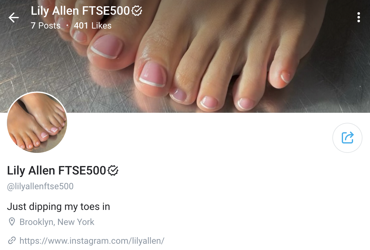Lily Allen&#x27;s OnlyFans profile; close-up of her manicured hands and pedicured feet. Profile says: &quot;Just dipping my toes in&quot;