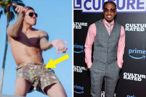 Left: Shirtless man wearing floral shorts, pointing to the shorts. Right: Marlon Wayans in a suit with a pink shirt and tie at a Culture Rated event