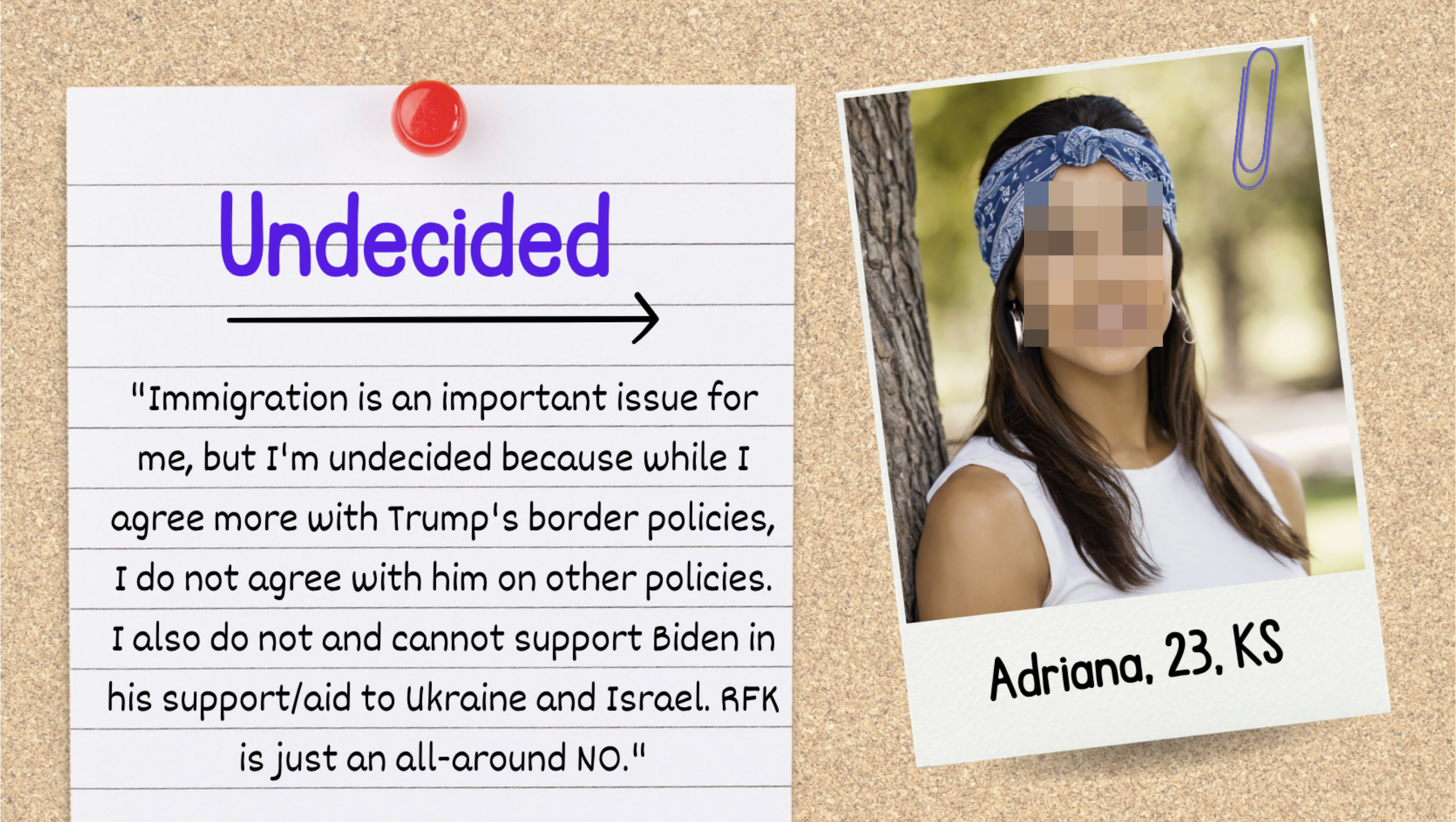 A bulletin board with a pinned note titled &quot;Undecided&quot; and a quote about immigration and political views