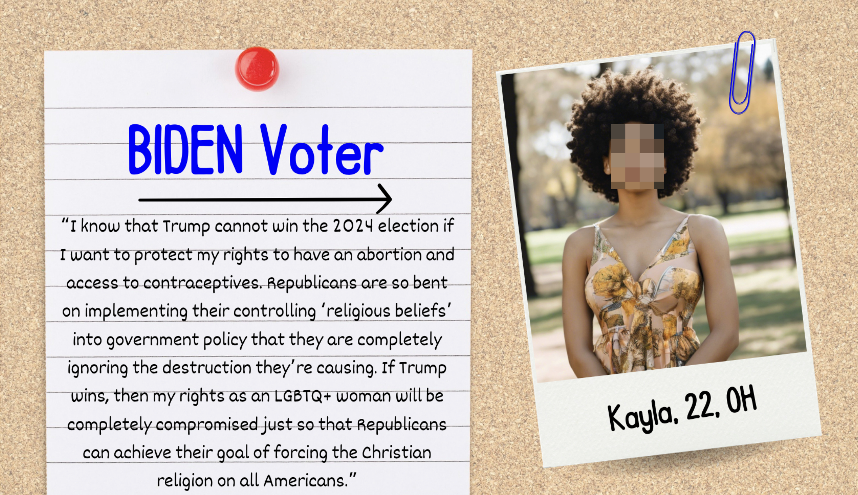 The image shows a note with text summarizing concerns about the 2024 election and Trump&#x27;s policy impacts on LGBTQ+ and religious rights, alongside a photo of Kayla, 22, OH