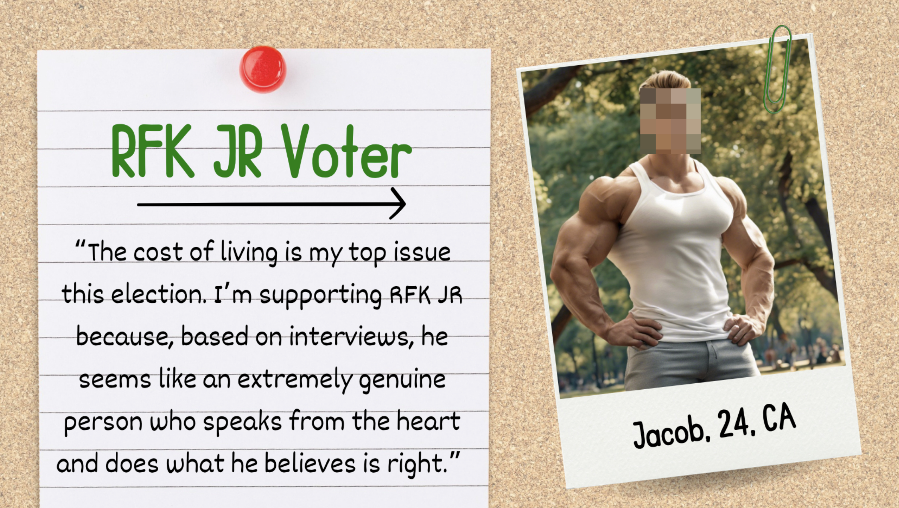 RFK JR Voter: Note on a pin board with text from Jacob, 24, CA. Next to it is a photo of a muscular man in a white tank top standing outdoors