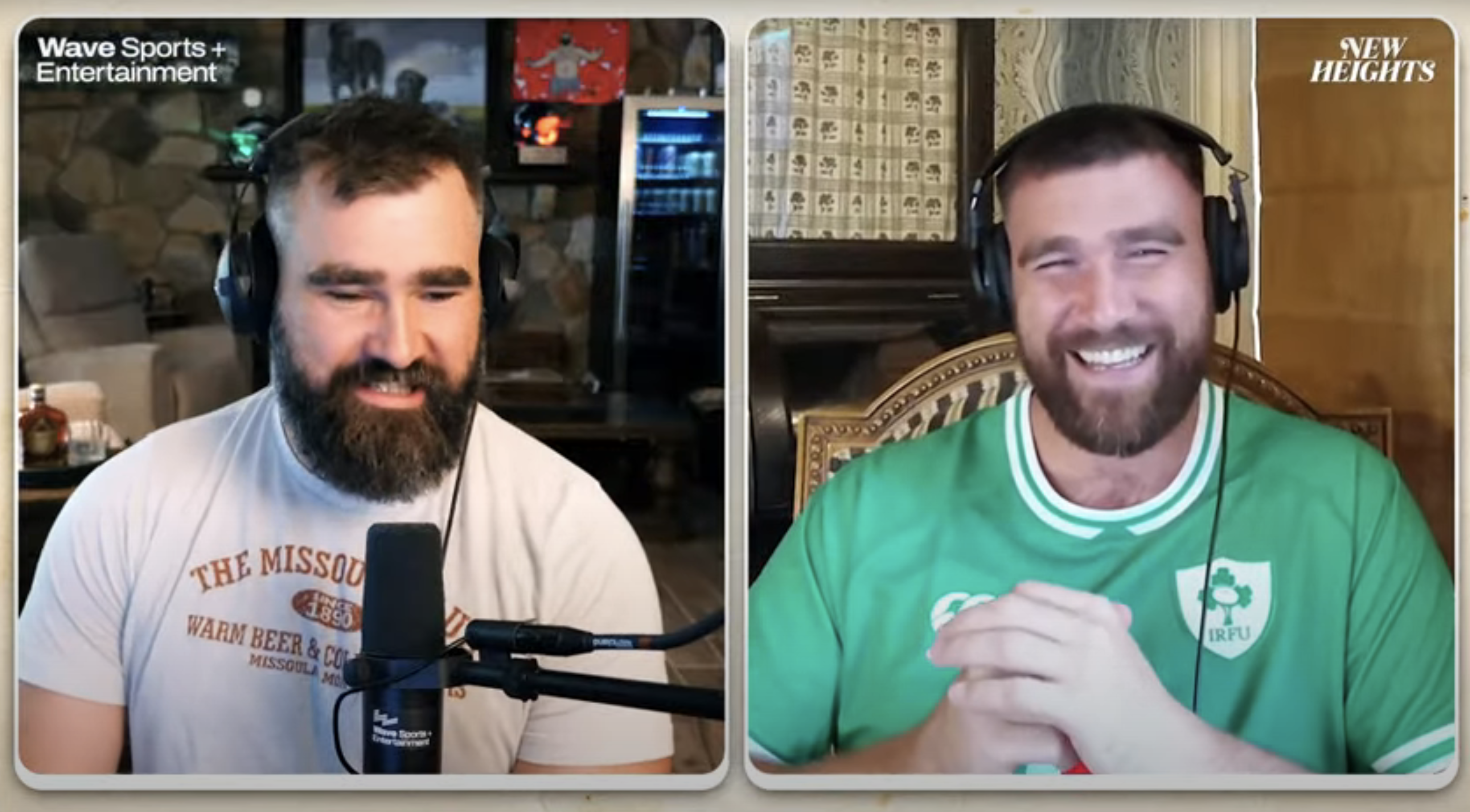 Jason Kelce in a casual t-shirt and Travis Kelce in a sports jersey having a conversation on a video call