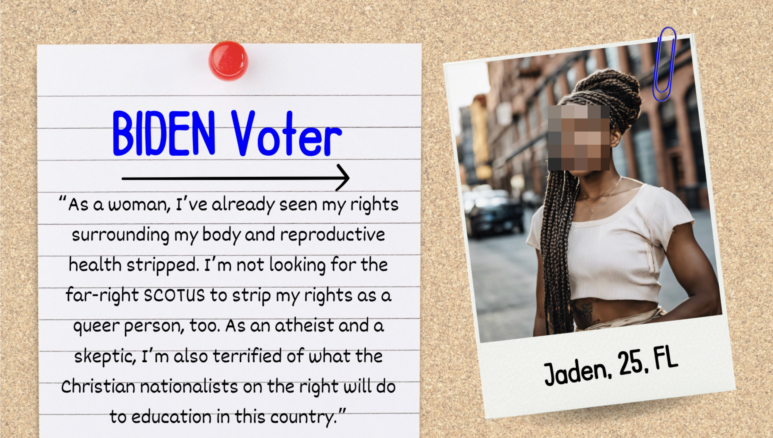 A quote on paper about a 25-year-old woman from Florida, Jaden, describing her concerns about rights as a woman and an atheist, and fear of Christian nationalists