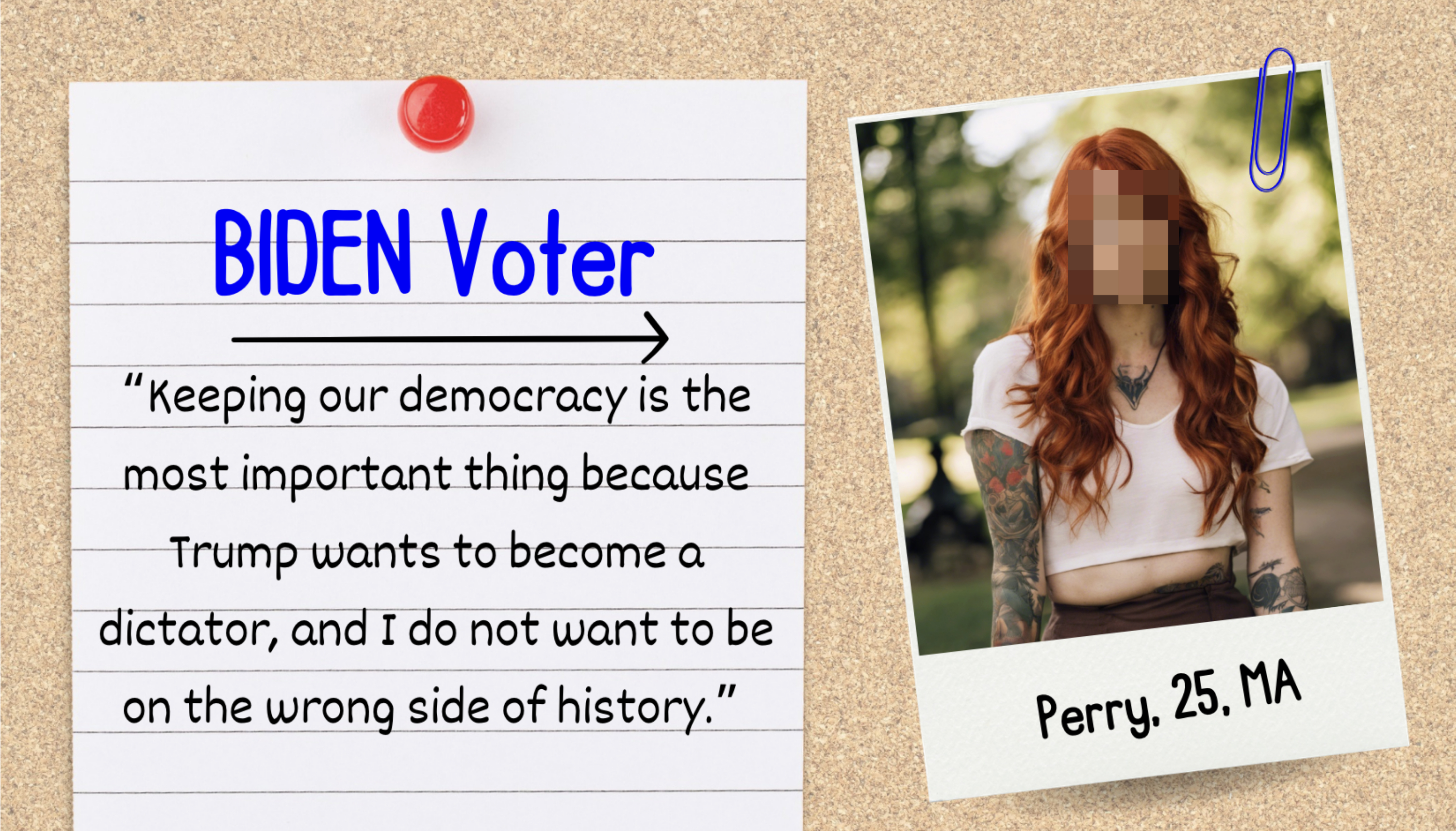 Image of a polaroid photo of Perry, 25, MA next to a pinned note stating, &quot;BIDEN Voter: &#x27;Keeping our democracy is the most important thing because Trump wants to become a dictator, and I do not want to be on the wrong side of history.&#x27;&quot;