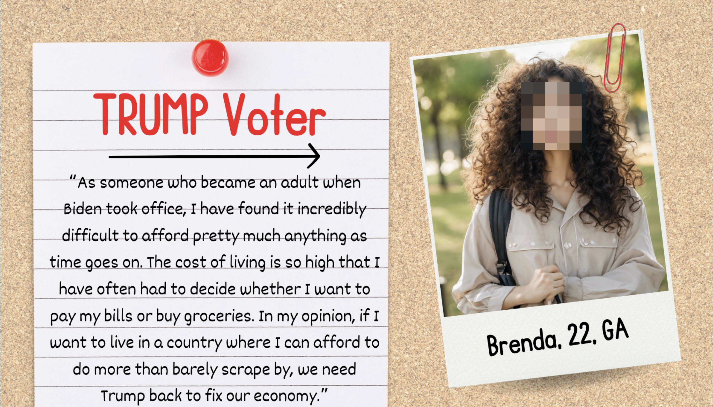 Notecard with photo of Brenda, 22, GA, next to quote: &quot;Cost of living is high. I have to choose between bills and groceries. We need Trump back to fix the economy&quot;