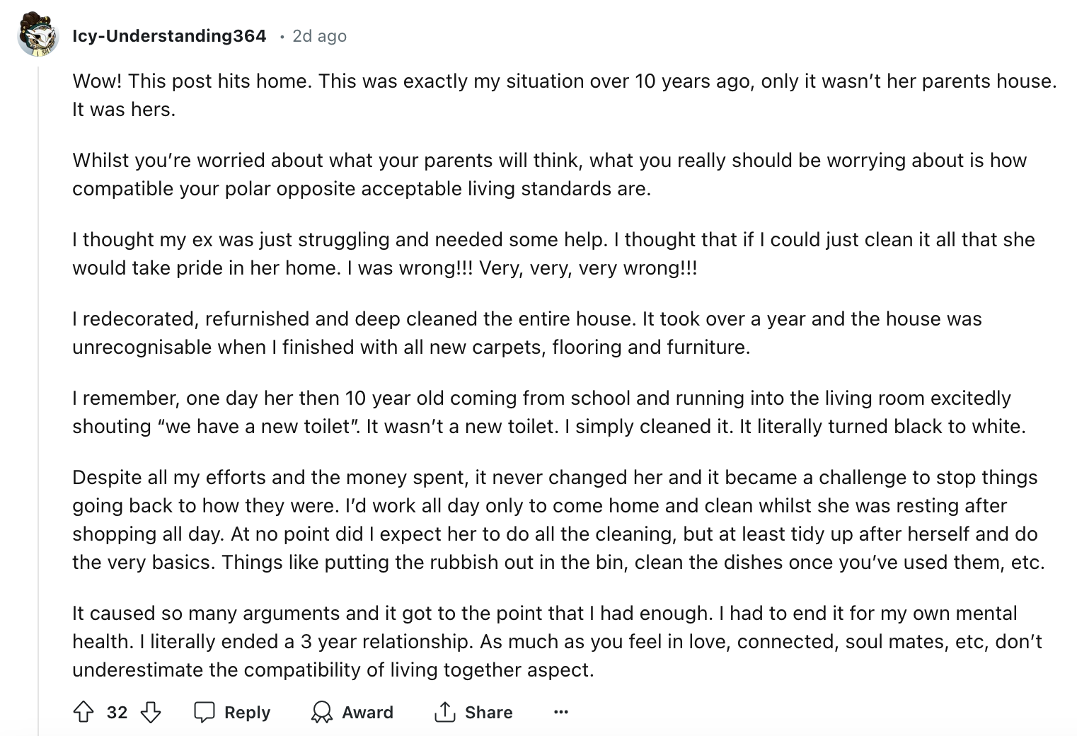 Reddit post from user Icy-Understanding364 discussing their experience living with their parents. They describe challenges and comparisons with a past relationship