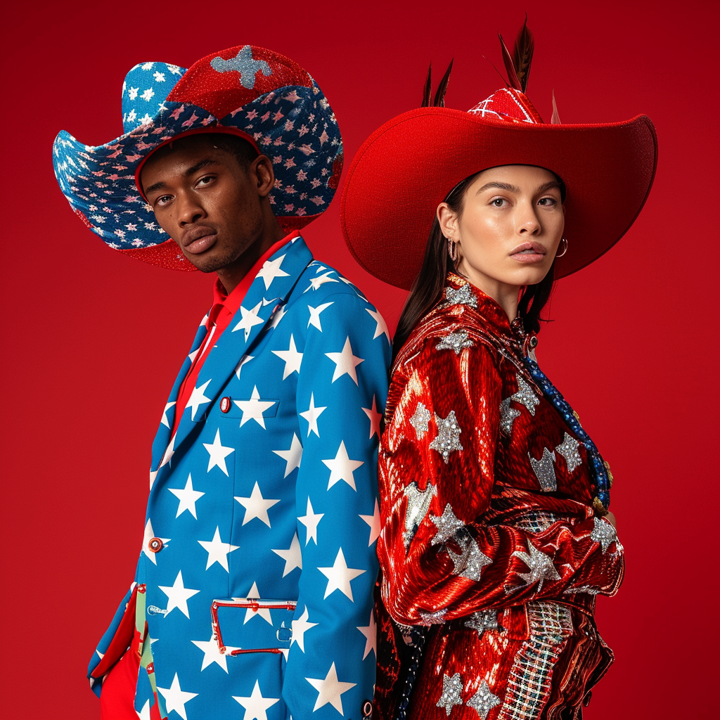 Two models in matching patriotic-themed cowboy attire with star patterns, standing back to back against a plain background