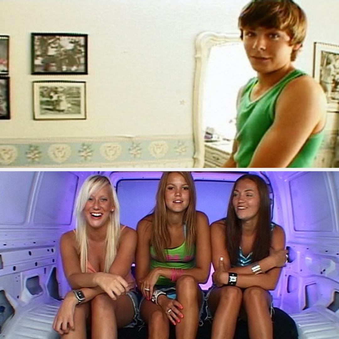 Top: Person in green tank top looking at the camera. Bottom: Three women sitting in a white van, smiling and casually dressed