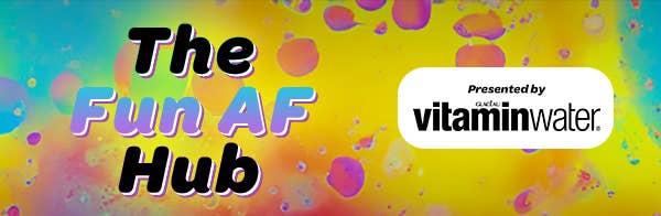 Banner for &quot;The Fun AF Hub,&quot; presented by Vitaminwater, with a colorful, abstract background