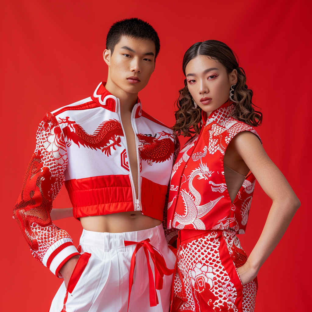 Two models in modern dragon-patterned outfits pose against a red backdrop. One wears a cropped jacket and pants, the other a sleeveless top and matching pants