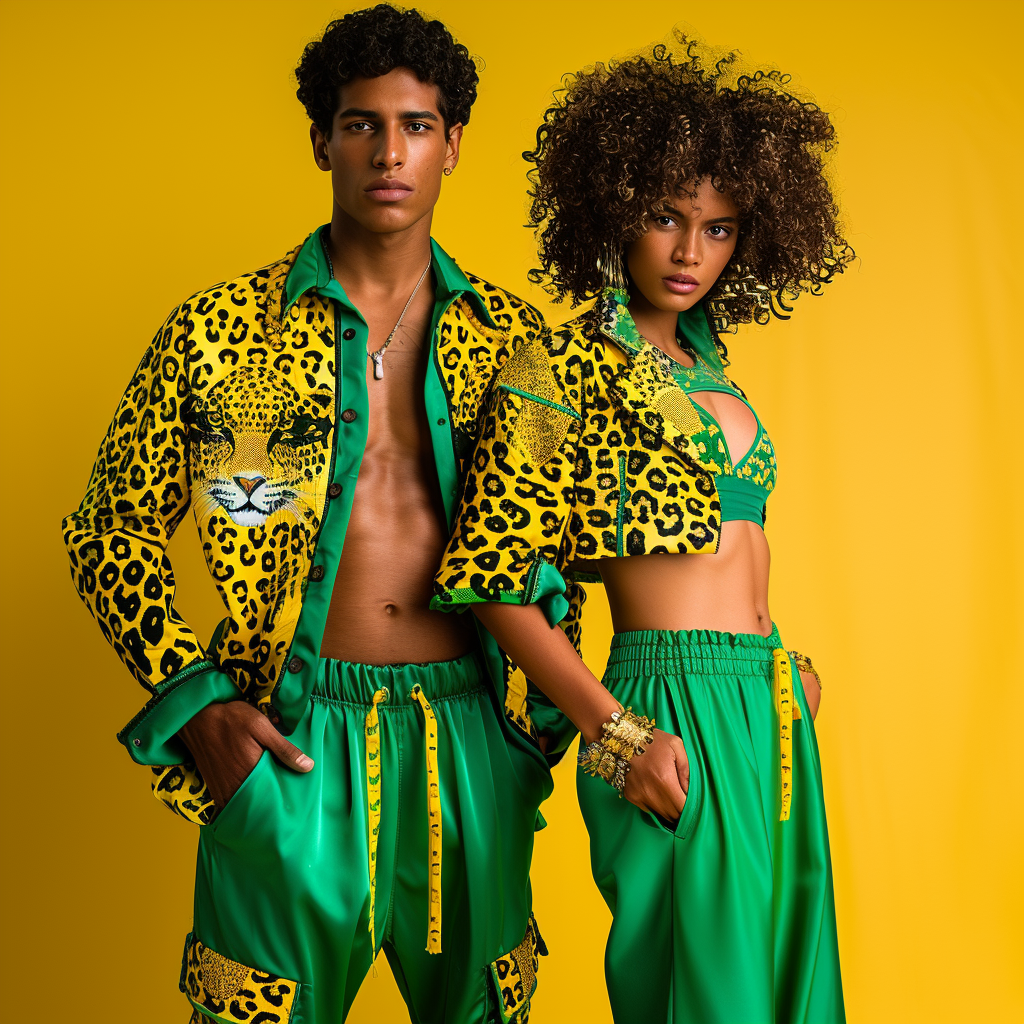 Two models in vibrant animal print outfits, posing confidently against a yellow background