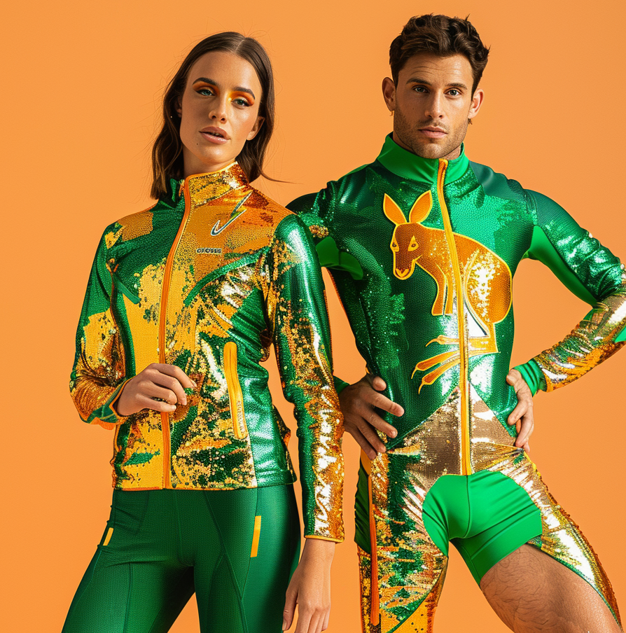 Two people in shiny athletic outfits with kangaroo images. The woman wears a jacket and leggings, the man a long-sleeve jacket and shorts