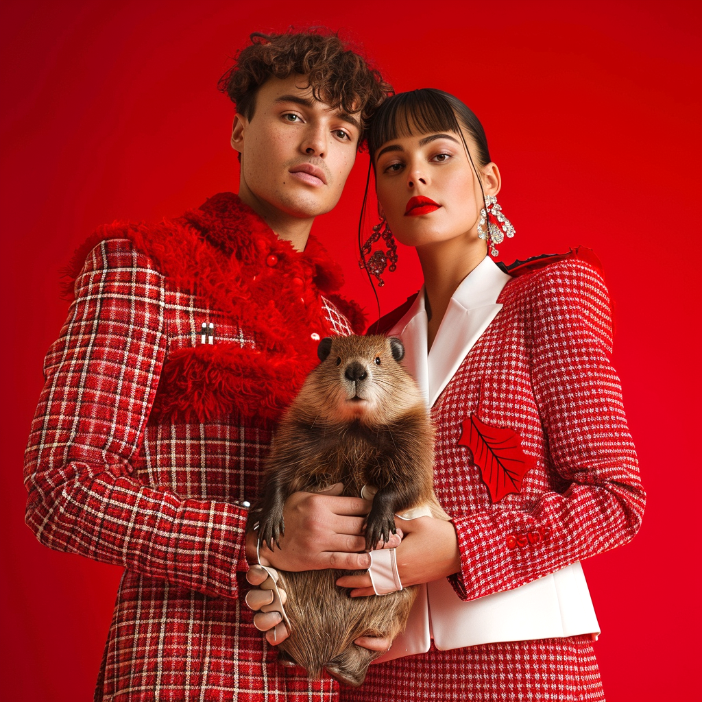Two people in red plaid suits pose with a beaver against a red background. One person wears large statement earrings