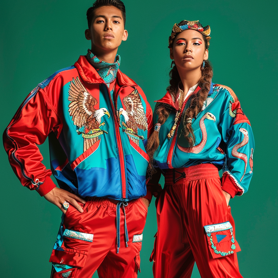 Two individuals stand confidently in vibrant, intricately designed, matching outfits with eagle and snake motifs