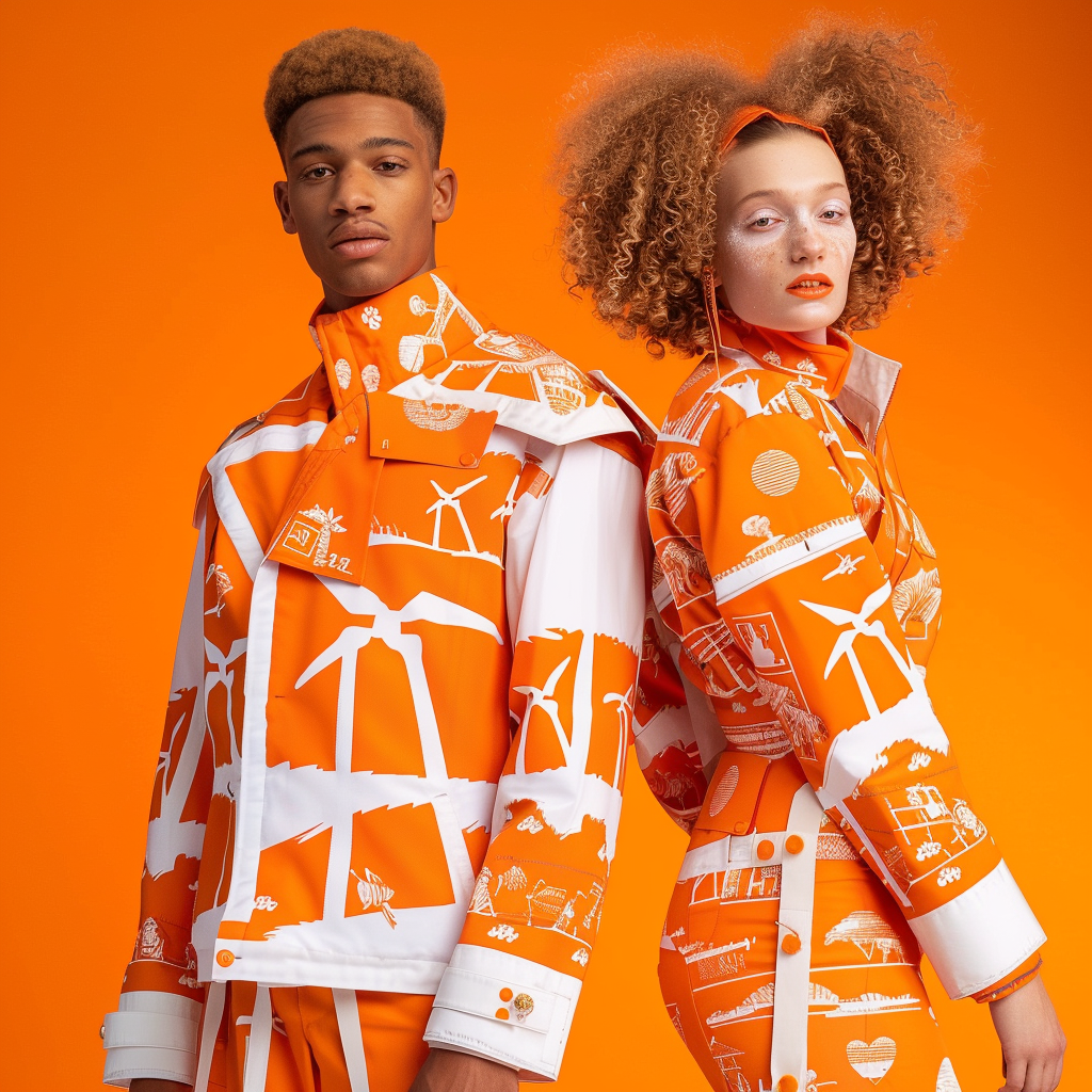 Two models in matching outfits with various graphics, including windmills, stand against an orange backdrop. The male model has short hair, and the female model has curly hair