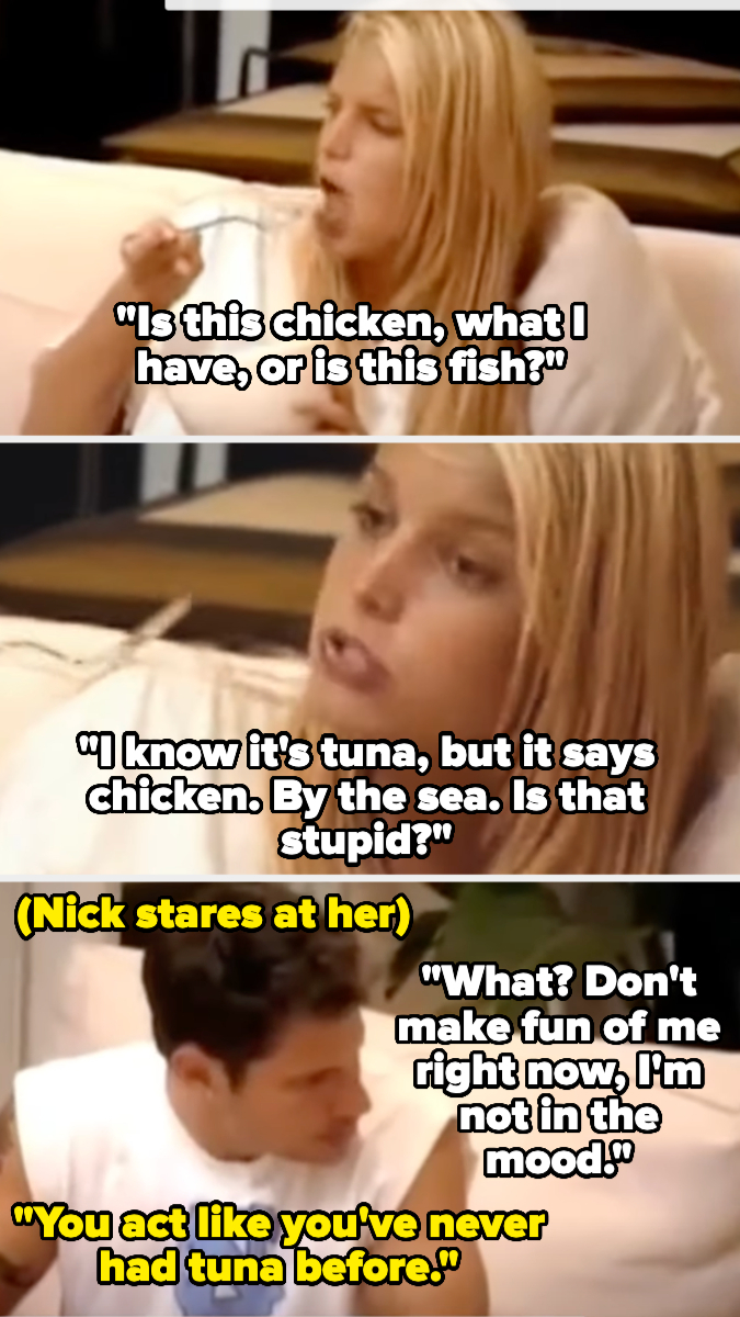 Jessica Simpson asks if her meal is chicken or fish, referencing the packaging. Nick Lachey looks at her silently. She responds, feeling self-conscious