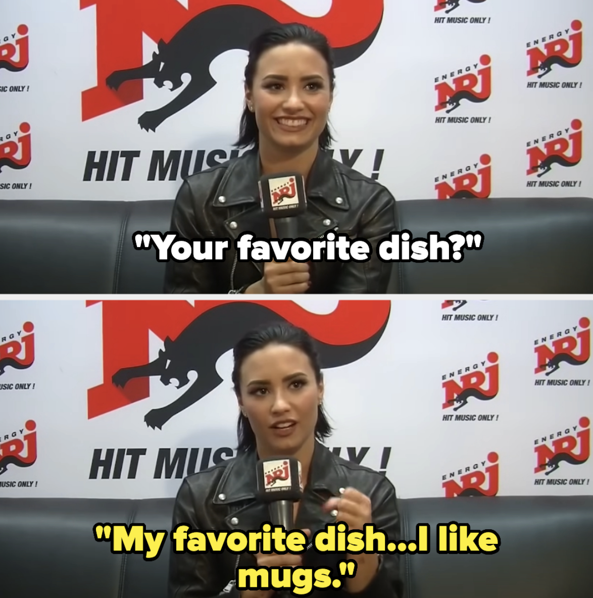 Two-panel image of Demi Lovato in a leather jacket being interviewed by NRJ radio. First panel: &quot;Your favorite dish?&quot; Second panel: &quot;My favorite dish... I like mugs.&quot;