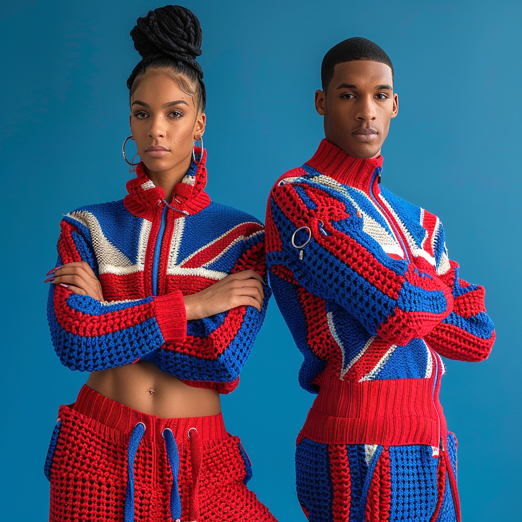 Two models stand side by side in matching Union Jack-themed knitted outfits against a blue background