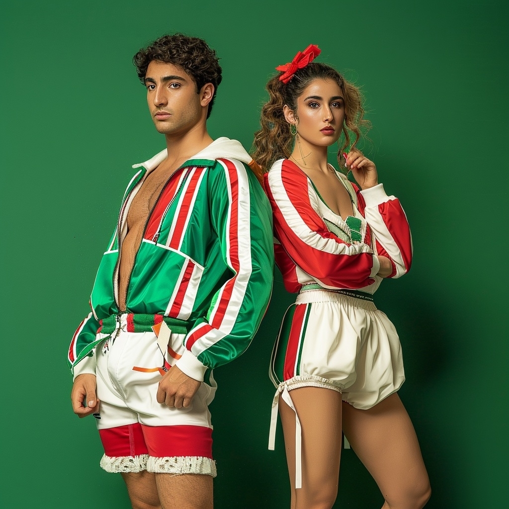 Two people dressed in matching sporty outfits with bold stripes pose confidently against a plain background