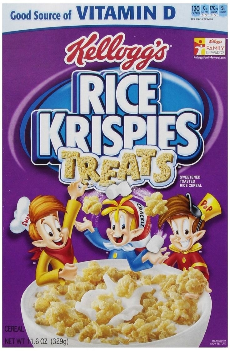 Kellogg&#x27;s Rice Krispies Treats cereal box showing Snap, Crackle, and Pop mascots above a bowl of cereal. Text mentions vitamin D and nutrition facts