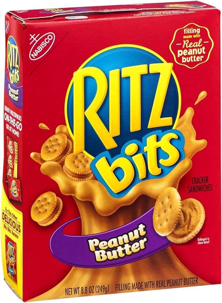 Ritz Bits Peanut Butter Cracker Sandwiches box, 8.8 oz. Contains image of cracker sandwiches and text about real peanut butter filing