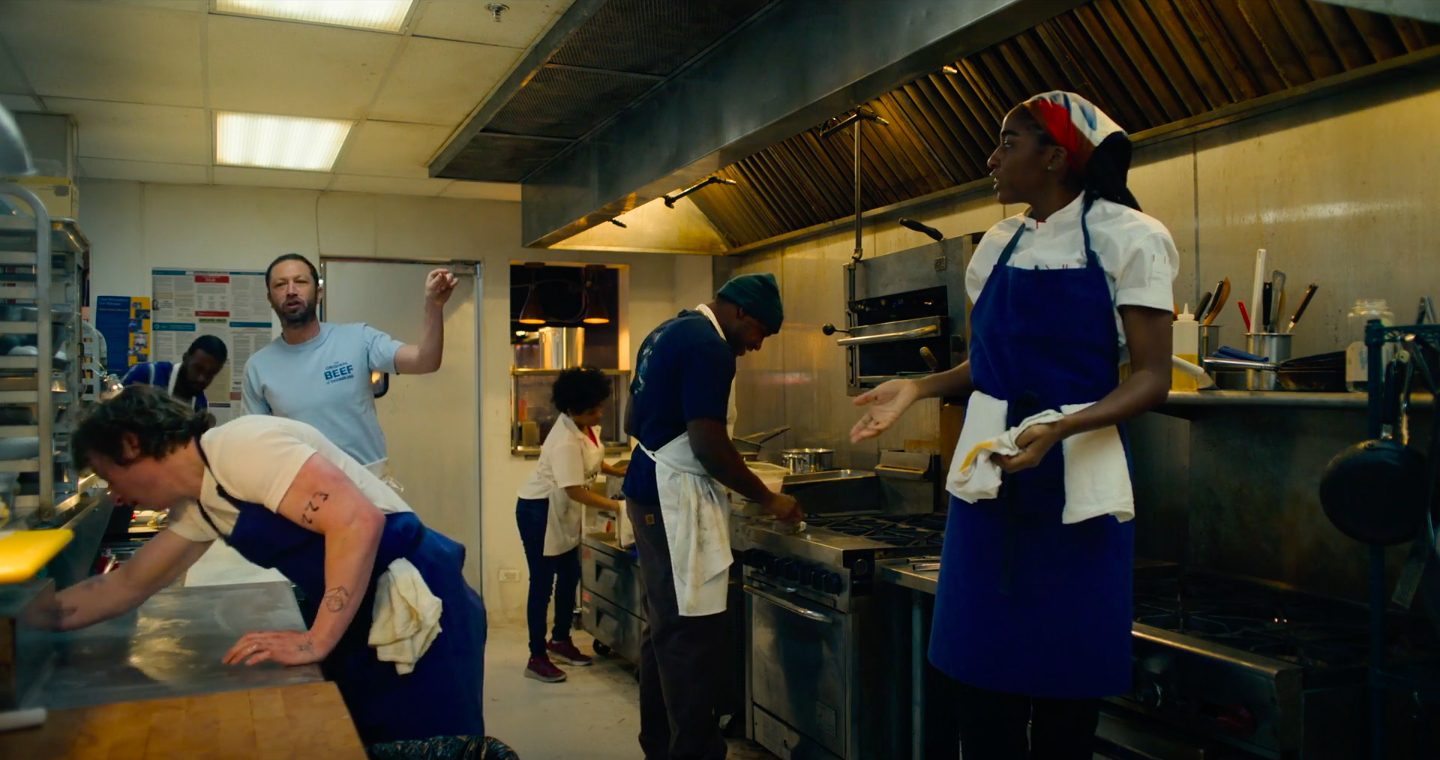 The Bear staff clean the kitchen while Richie praises the lessons he learned at Devry.