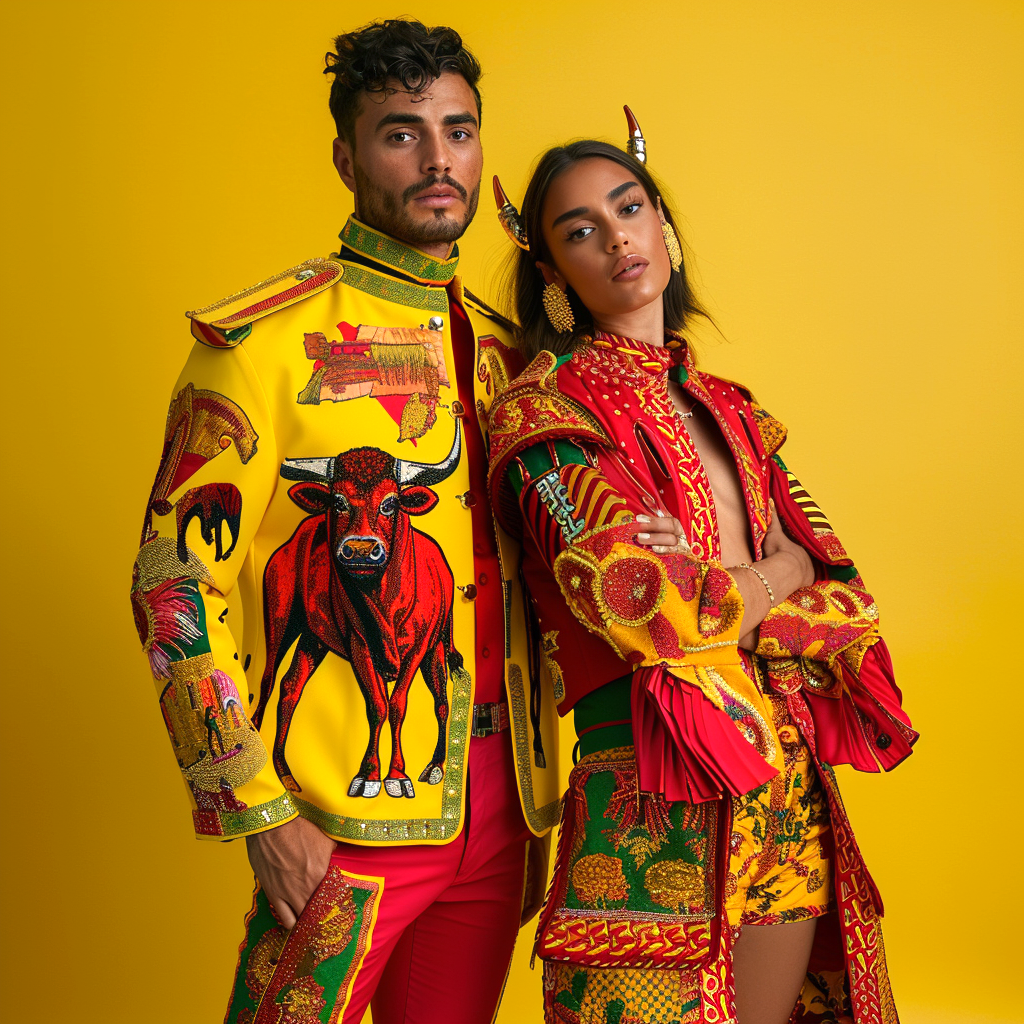 Two individuals standing against a yellow background wear vibrant, intricately designed outfits featuring bull motifs and detailed embellishments