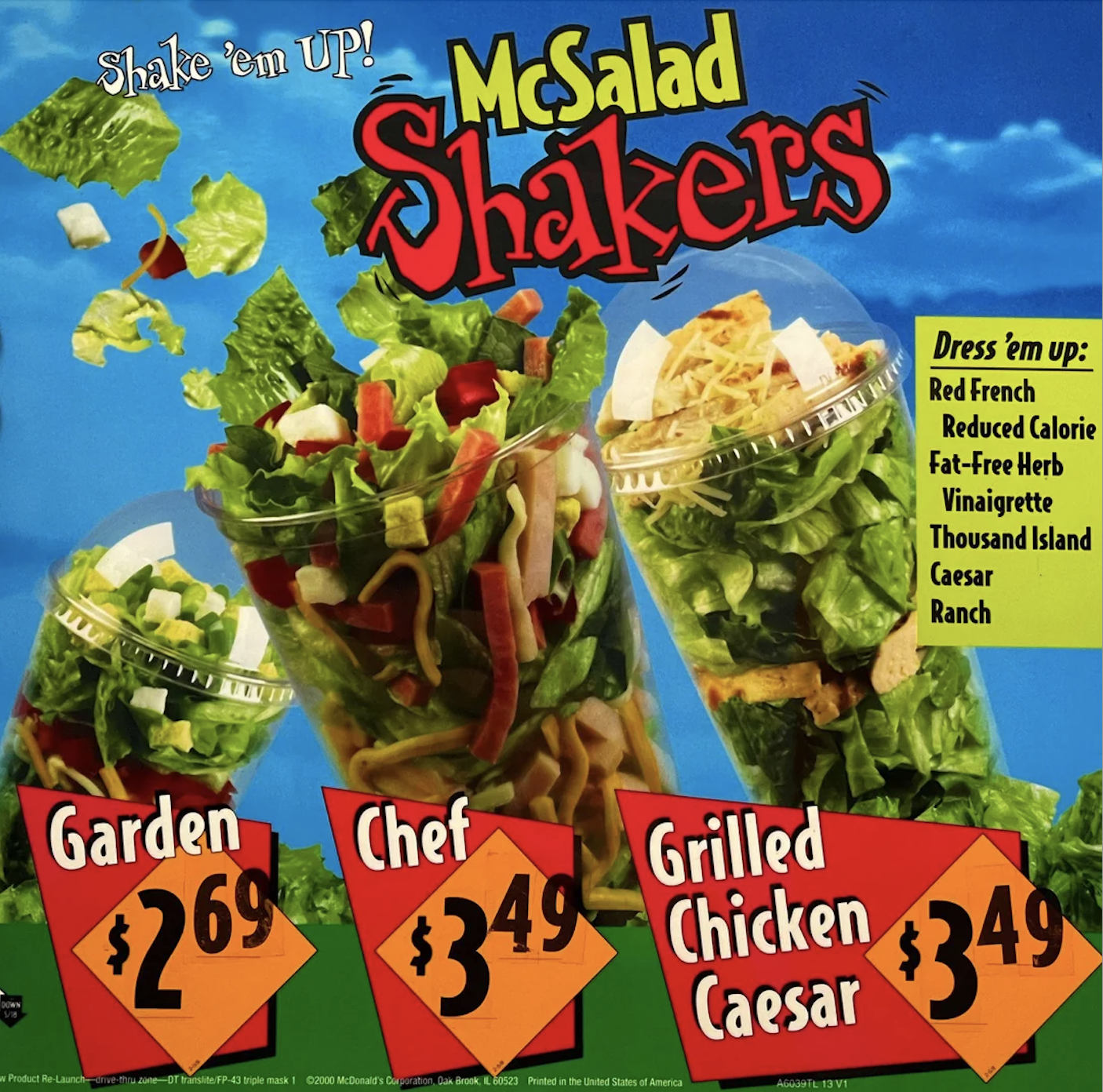 Advertisement for McDonald&#x27;s McSalad Shakers featuring Garden for $2.69, Chef for $3.49, and Grilled Chicken Caesar for $3.49. Dressings are listed to the right